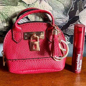 NEW 2-Pc Mini Keychain Handbag with Tassel & Keychain Coin Purse Pink & Lip Tint